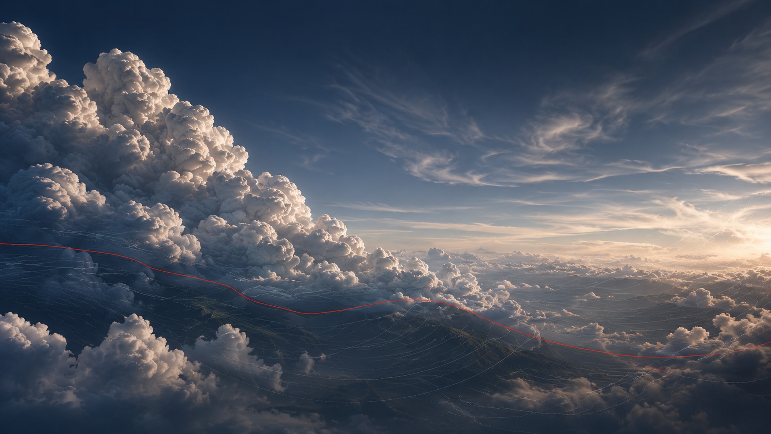 Structured cloud field with fine atmospheric linework and a restrained red boundary