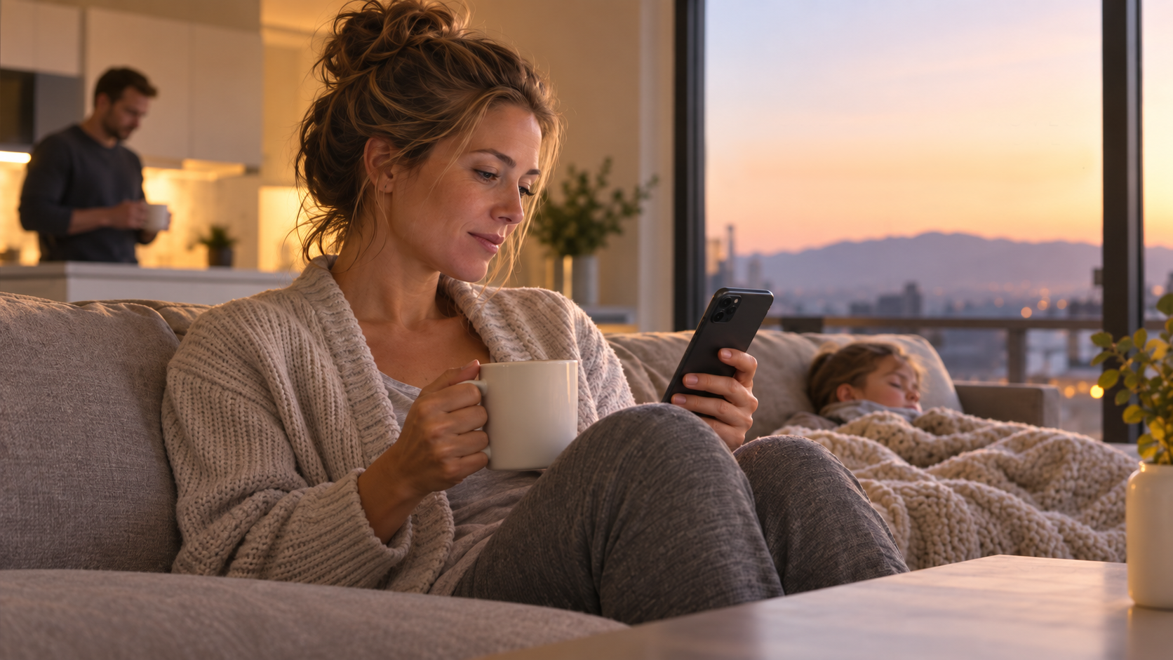 Male professional pilot at home in a calm preparation moment with his phone