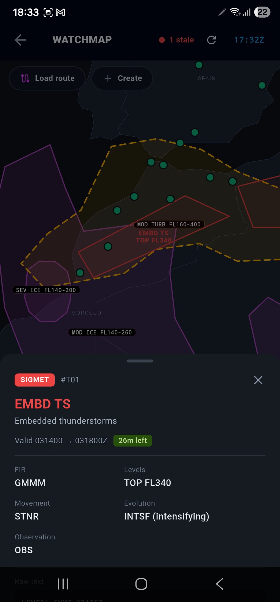 Real Nimble Preflight Watchmap hazard detail showing an embedded-thunderstorm SIGMET