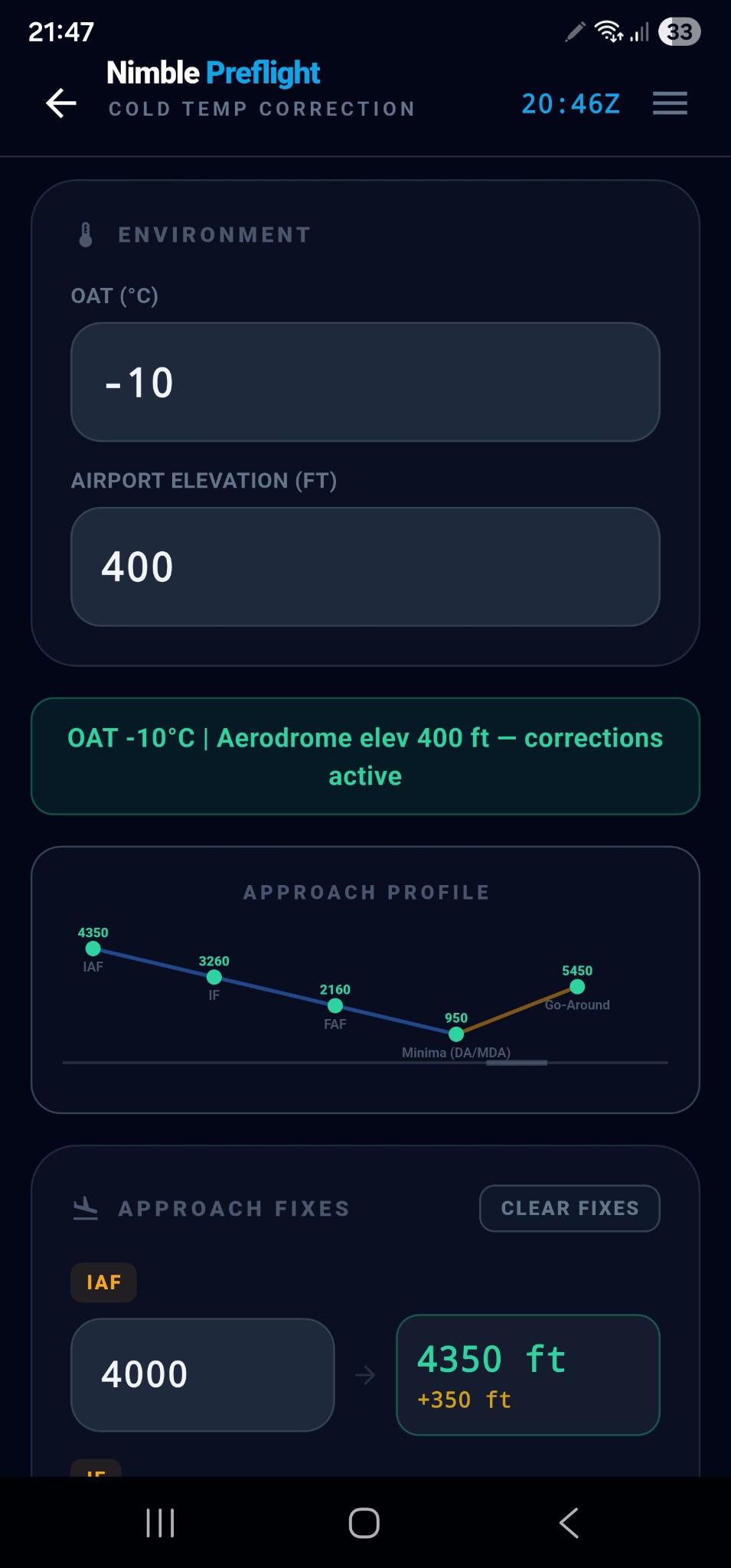 Nimble Preflight Cold Temp Correction screen