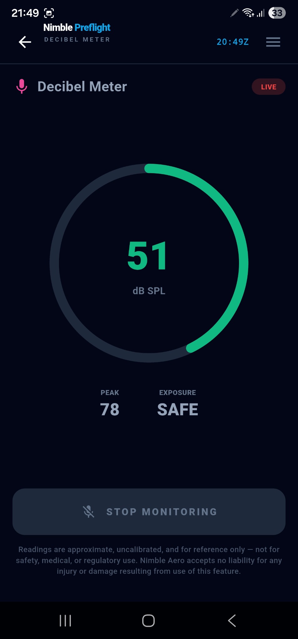 Nimble Preflight Decibel Meter screen