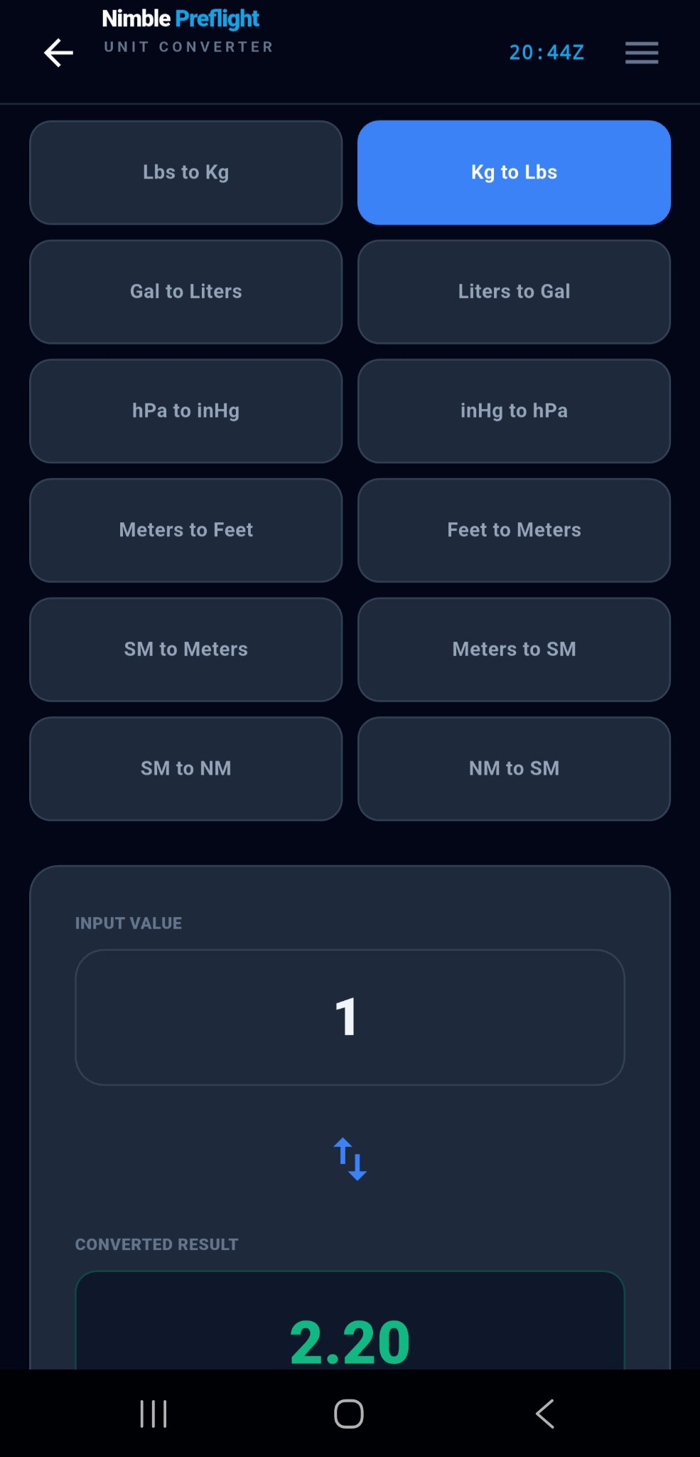 Nimble Preflight Unit Converter screen